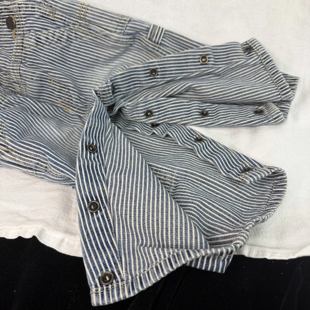 OshKosh B'gosh Denim Striped Overall 12 Months Blue/White Buckle Pockets Vintage